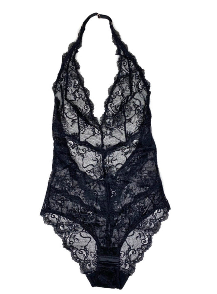 Samantha Chang bodysuits Black / S Samantha Chang All Lace Amour Deep Plunge Halter Bodysuit