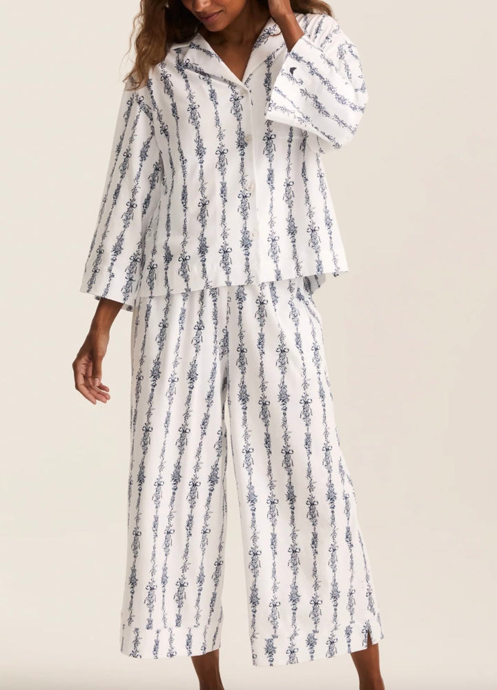 Petite Plume Olivia Wide Leg Pima Pajama Set in Navy Mayfair Toile