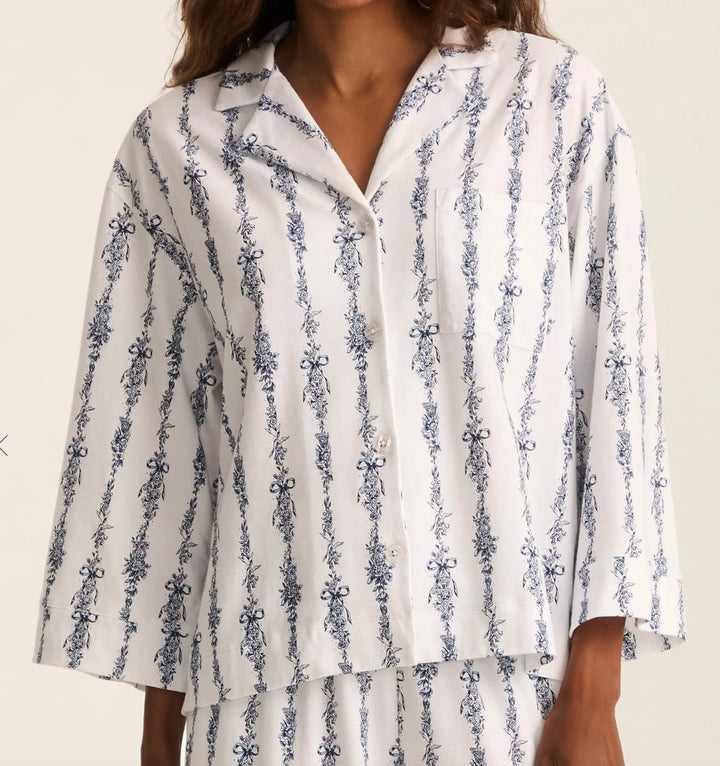 Petite Plume Olivia Wide Leg Pima Pajama Set in Navy Mayfair Toile