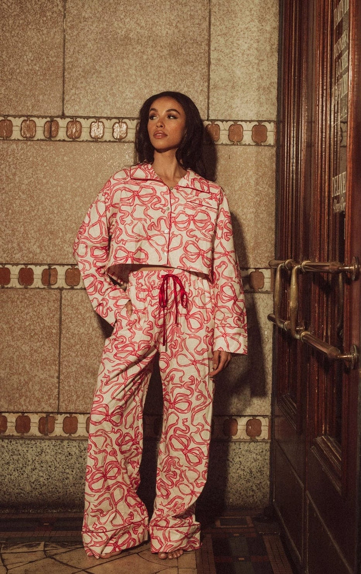 Kilo Brava Pajamas Pink Bow / S KIlo Brava Flannel Collection- Dancing Bows Crop Top Long Pajama Set