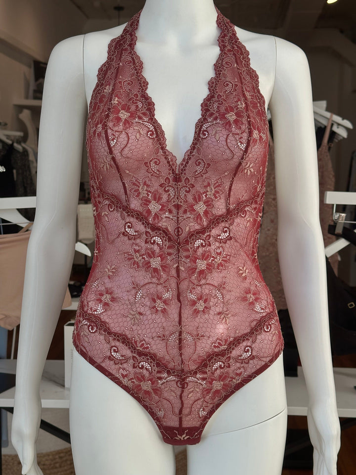 Samantha Chang bodysuits Cranberry with Nude / S Samantha Chang All Lace Amour Deep Plunge Halter Bodysuit