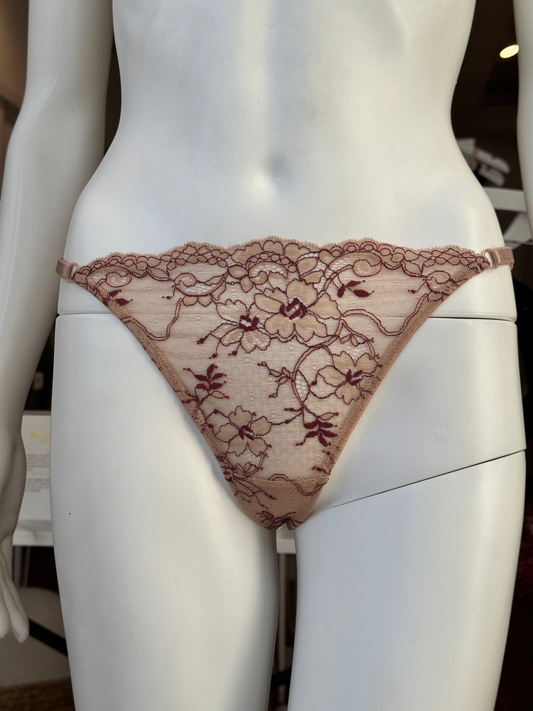 Samantha Chang thongs Cranberry with Nude / OS Samantha Chang All Lace Amour String Thong with Adjustable Strap